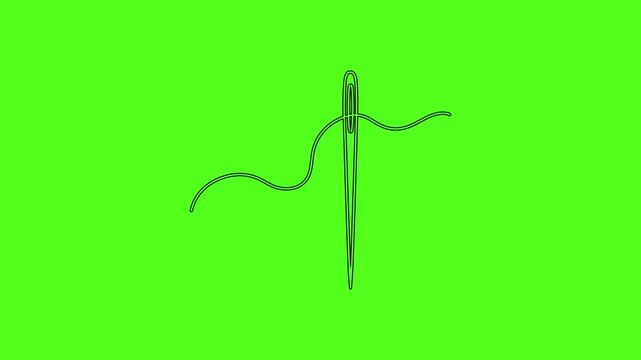 Sewing Needle with Thread Line Art Vector Icon Animation on Green Screen Background