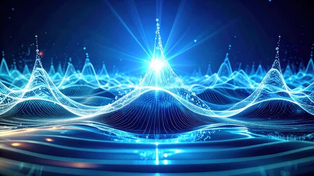Abstract, glowing blue waves and peaks with light emanating from above