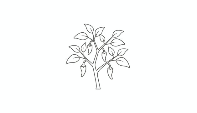 Minimalist outline drawing of a vibrant chili pepper plant with growing fruits and fresh green