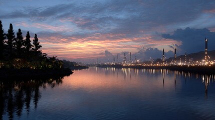 Naklejka premium Tall illuminated buildings of a futuristic city reflect on still water at twilight with silhouetted trees on the opposing shore