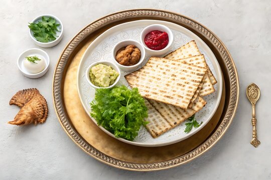 Passover Seder Matzah Plate With Unleavened Bread, Herbs and Dips on Decorative Tray

