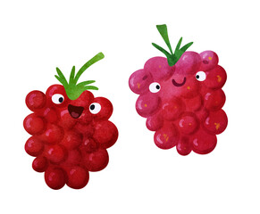 Red fruit and berry characters: raspberry with adorable eyes and smiles. Ideal for posters, baby shower, healthy food themes, summer party, menu templates, educational prints, kids invitations