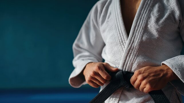 A judo athlete ties a black belt around a white judogi while standing on a blue tatami mat. Focus is on the hands and the texture of the belt in a professional setting