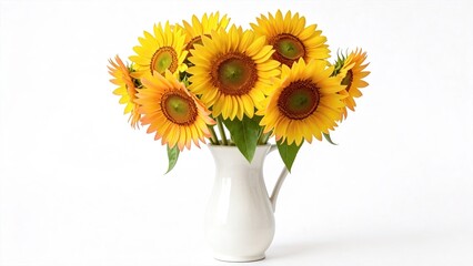 Obraz premium Vibrant yellow sunflowers in a white ceramic pitcher isolated on a clean white background for design floral arrangement nature summer and decoration concepts,design,concept