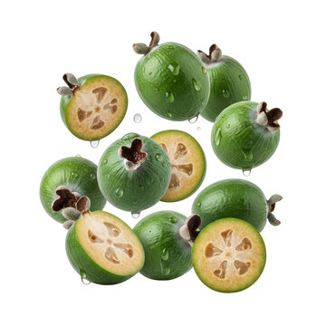 Fresh feijoa fruits with water droplets