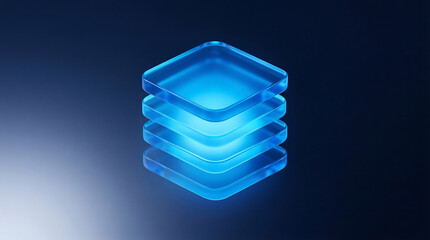 Stack of glowing blue translucent glass square plates in minimalist isometric abstract composition