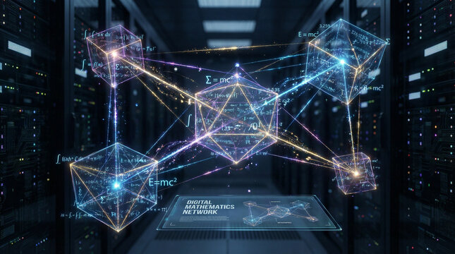 Digital mathematics network with glowing geometric shapes and physics formulas in a server room.
