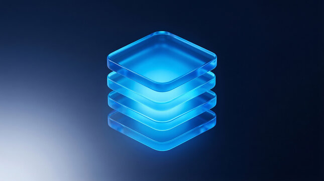 Stack of glowing blue translucent glass square plates in minimalist isometric abstract composition