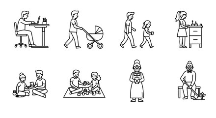 Fototapeta premium people performing diverse daily activities encompassing work family care domestic chores and leisure moments at home.