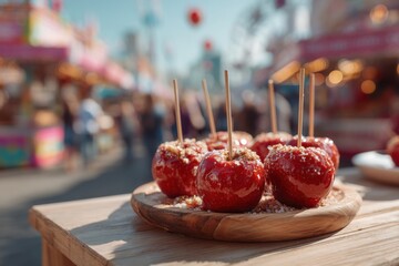 Red apples on wooden sticks are placed on a wooden plate at a busy outdoor market. Many people are walking around and enjoying various activities in the background