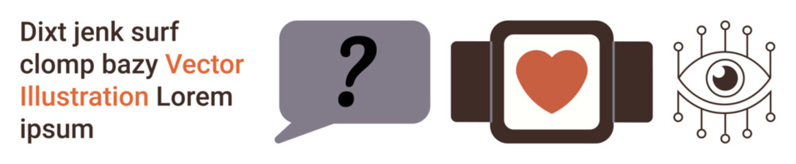 Communication, wearable technology, digital health, cybersecurity, artificial intelligence, visual analytics. Speech bubble, smartwatch with heart circuit eye icon. Communication and wearable