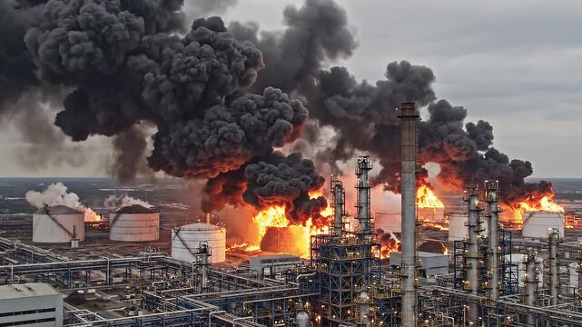  A dramatic scene of a large chemical plant fire with towering dark smoke clouds billowing 