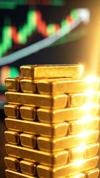 Gold bar stack wealth investment finance economic growth concept with shiny metal stack in warm light and blurred trading chart background symbol for savings security profit and market growth