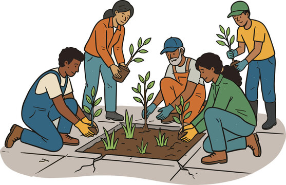 Ilustrasi sekelompok orang yang bergotong royong menanam pohon, menunjukkan kerja sama tim dan kepedulian terhadap lingkungan