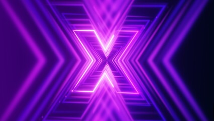 Fototapeta premium Abstract neon purple tunnel background with glowing letter X shapes and futuristic geometric lines in infinite 3D perspective