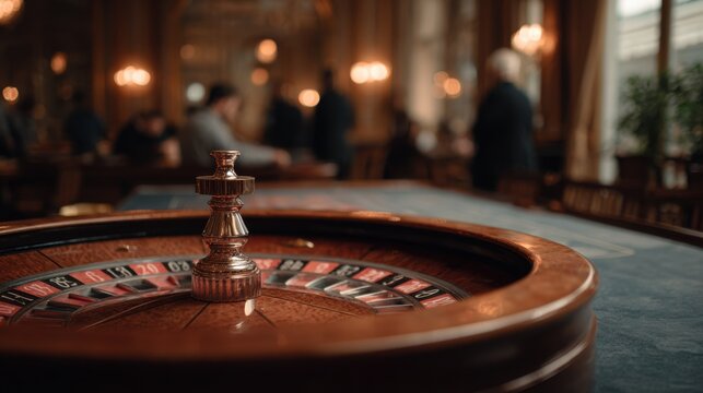 A roulette wheel sits in focus as players engage in betting around the table. The casino has warm lighting that creates an inviting atmosphere for the guests