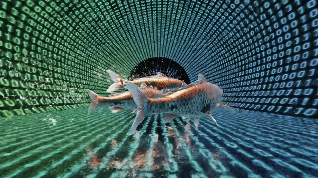 Dancers in a futuristic digital tunnel with binary code and data streams