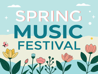 Spring Music Festival banner with colorful floral border and butterfly. Flat vector illustration with bold typography on a blue sky background. Ideal for concert posters, flyers, and event invitations