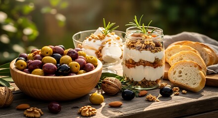 Elegant rustic food photography of an olive bowl, yogurt parfait, and feta cheese arranged on a weathered wooden surface.