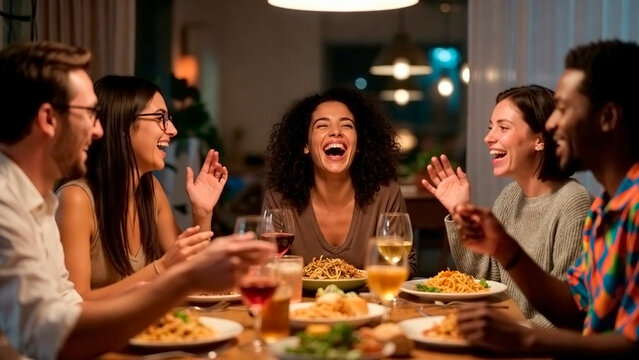 laughter at dinner young people celebrating with champagne in restaurant