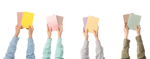 Fototapeta premium Many hands with notebooks on white background