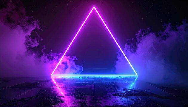 A vibrant, neon-lit equilateral triangle floats within a smoky atmosphere, reflecting on a wet, tiled floor