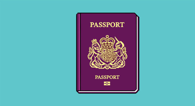 Retro pixel art passport on vibrant turquoise background