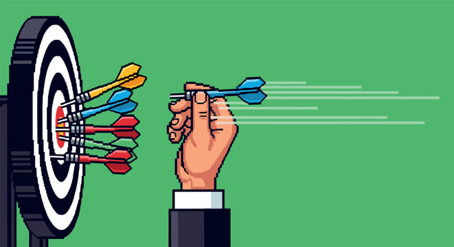 Pixel art hand throwing darts at target on green background