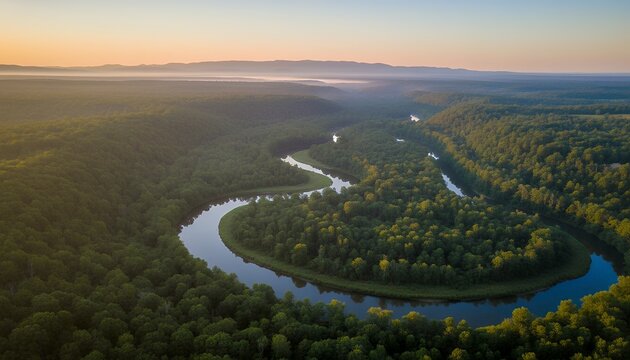 Winding river through lush forest aerial sunset landscape