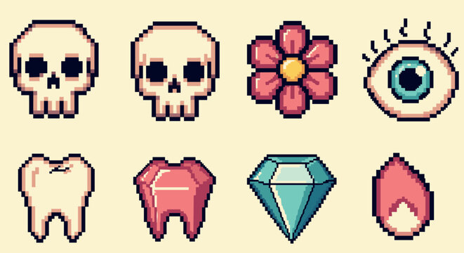 Retro pixel art icons set: skulls, flower, eye, tooth, diamond, and flame