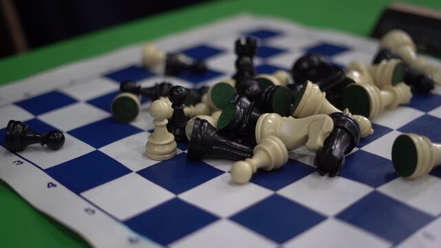 A pile of chess pieces on a board. The pieces are scattered all over the board, with some of them being knocked over. The scene suggests that someone has been playing a game of chess