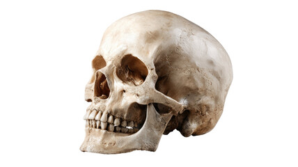 Fototapeta premium Human skull side view detailed anatomical bone structure with teeth cranium realistic medical anatomy study isolated on white background