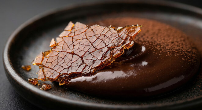 A detailed macro photograph of a gourmet chocolate dessert served on a dark matte plate.