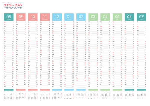 Mid year wall planner calendar template for 2026 and 2027 with copy space. Academic year wall calendar design for school and corporate scheduling.