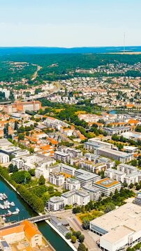 Vertical video. Nancy, France. Panorama of the central part of the city. Summer, Sunny day. Drone footage. Rich colors
