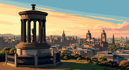 Scenic view of a historic city skyline at sunset with prominent landmark monument