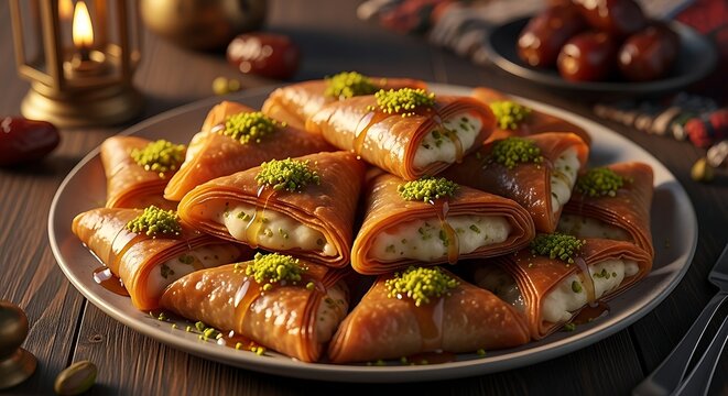 traditional middle eastern qatayef desserts filled with cream drizzled with syrup and pistachios served on a plate with dates and a lantern for ramadan
