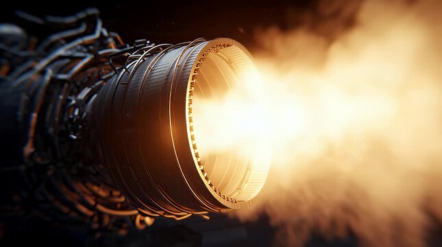 Powerful jet engine firing with intense heat and smoke