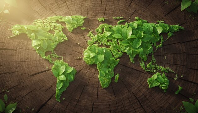 World map leaves on wood background - eco globe art