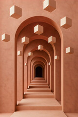 Naklejka premium Surreal Terracotta Archway Corridor With Floating Geometric Cubes And Steps 3D Art.