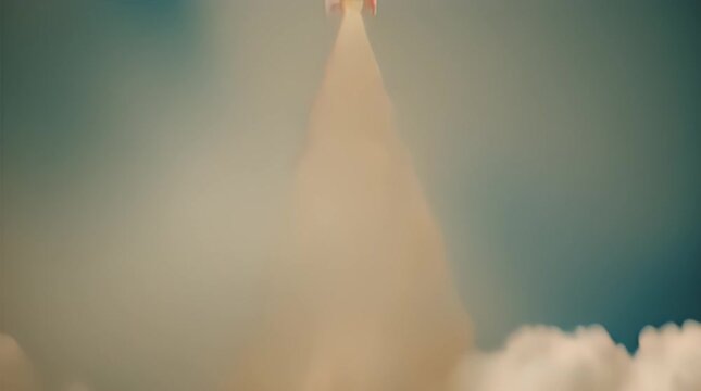 Vintage rocket launching into the blue sky above white clouds
