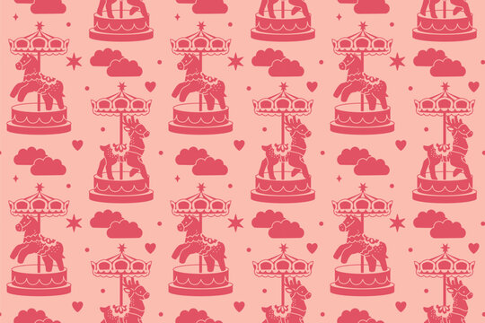 Seamless pink carousel pattern. Coquette retro style. Girly playful background for fabric or wrapping paper