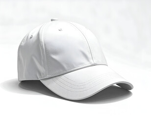Fototapeta premium A plain white baseball cap with a curved brim on a white background