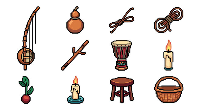 Pixel art musical instruments and objects collection with candle and basket