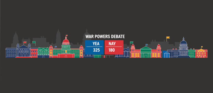 War powers debate voting board and government buildings. Parliament architecture line art. Vector illustration