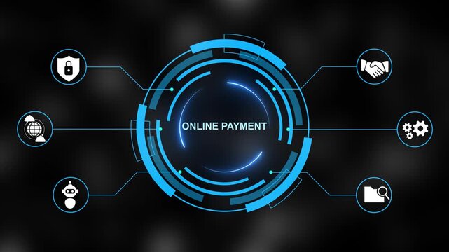 Online payment system interface with glowing circular hub displaying transaction and gears on a dark blue digital network background Keywords: online payment, digital payment, e-commerce