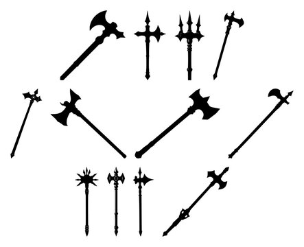 Mace set with solid black silhouette and high contrast featuring medieval weapon, spiked war club, ancient armament with historic combat and antique military equipment