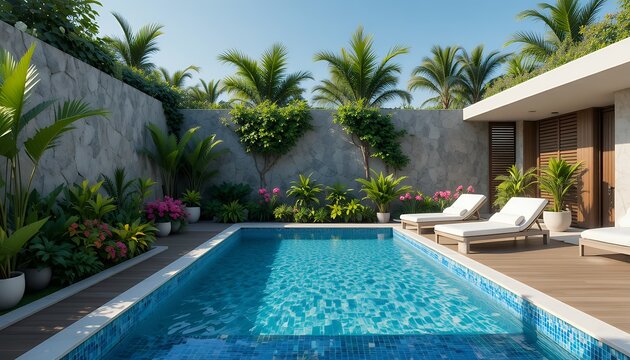 Pool in a luxe backyard with lounge chairs and tropical plants