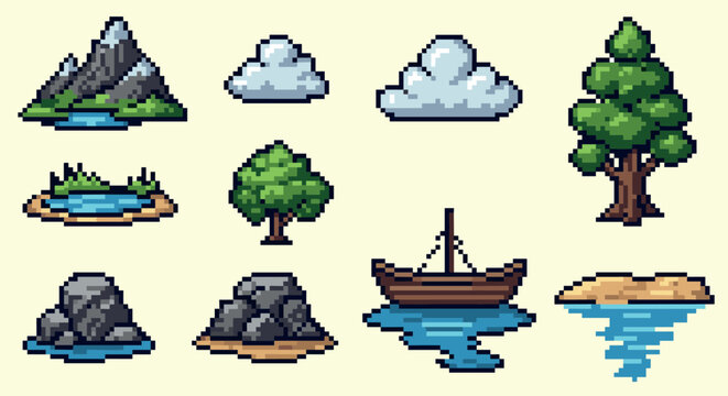 Pixel art nature elements: trees, cloud, mountain, and water in retro style