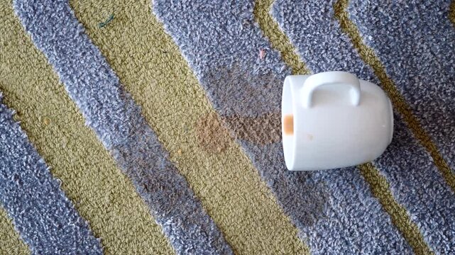 White ceramic cup lying on carpet with coffee stain forming on texture surface